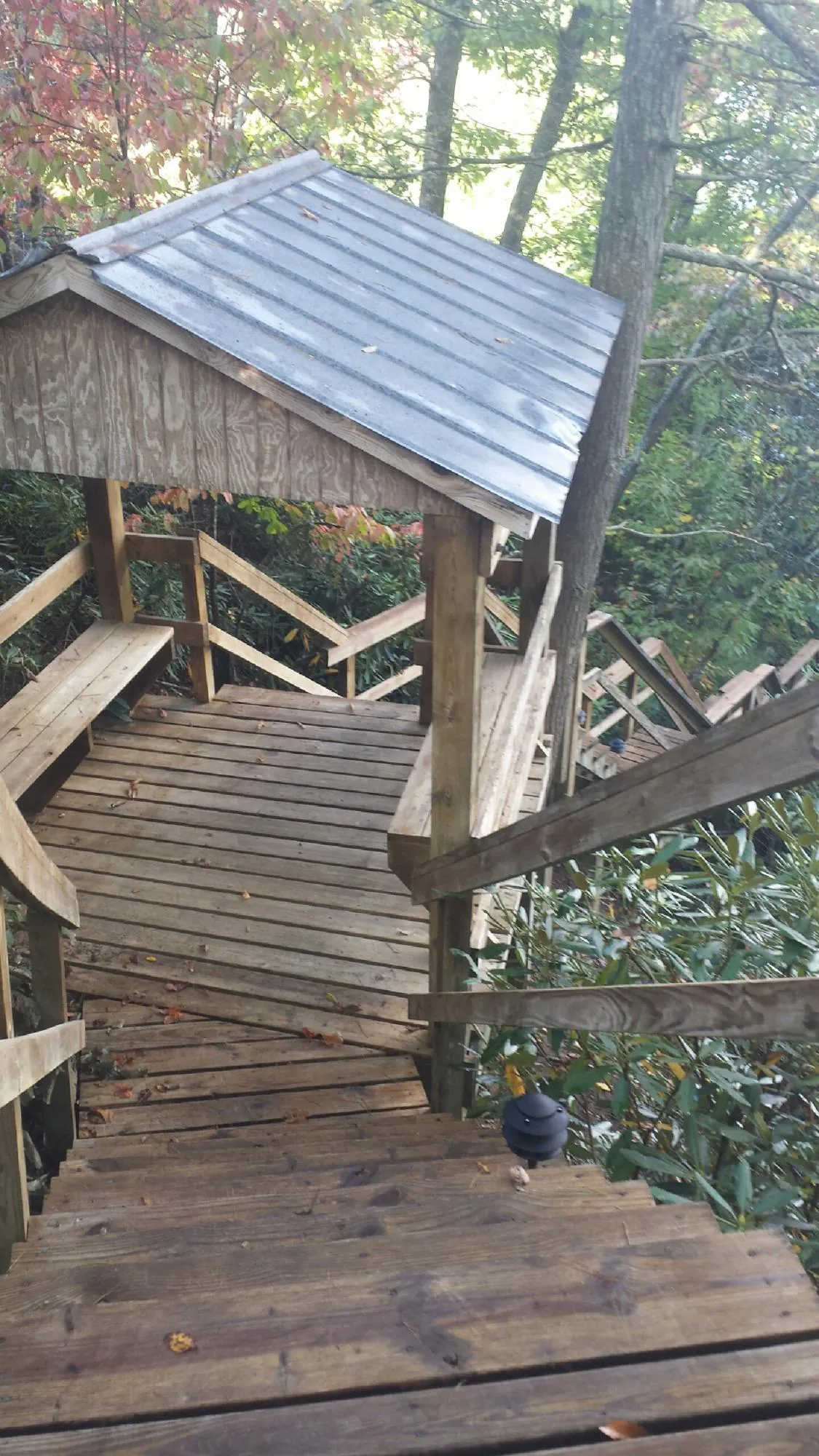 Metal roofed shelter over wooden steps on a wooded walkway — Skylight Repair & Installation work by our crew in Murrysville